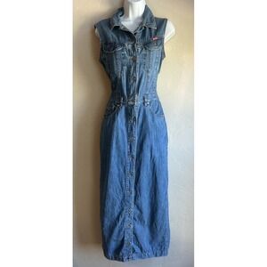 Vintage 90s Y2K Big Star Denim Maxi Dress 38 M Button Up Fitted Waist Sleeveless